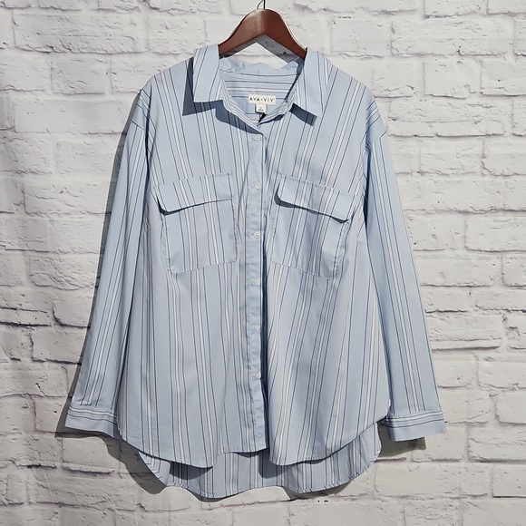 Ava & Viv Tops - Ava & Viv Women's Light Blue Striped  Button Down Shirt